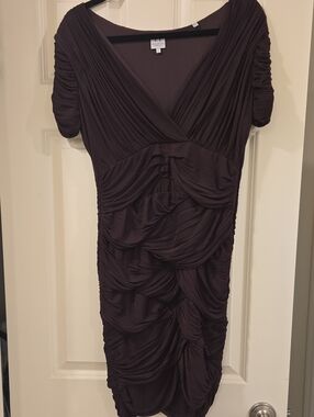 Halston Heritage Deep Plum Ruched V-Neck Midi Dress